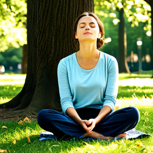 Mindful Breathing**

A woman in comfortable, modest clothing sitting peacefully in a sunlit park, fully clothed, practicing mindful breathing with her eyes closed, safe for work, appropriate content. Gentle sunlight filters through the leaves of nearby trees. perfect anatomy, correct proportions, well-formed hands, natural pose, professional, family-friendly.

**