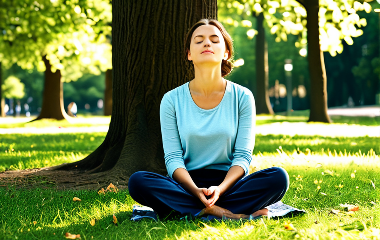 Mindful Breathing**

A woman in comfortable, modest clothing sitting peacefully in a sunlit park, fully clothed, practicing mindful breathing with her eyes closed, safe for work, appropriate content. Gentle sunlight filters through the leaves of nearby trees. perfect anatomy, correct proportions, well-formed hands, natural pose, professional, family-friendly.

**