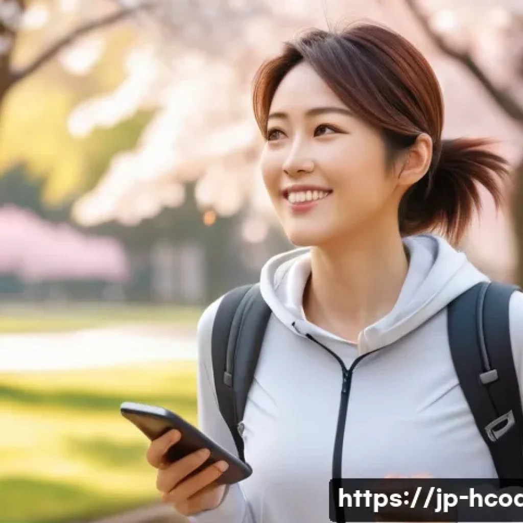 건강코칭과 건강 데이터 분석 - A modern Japanese woman in her 30s dressed in casual, stylish activewear, walking peacefully through...