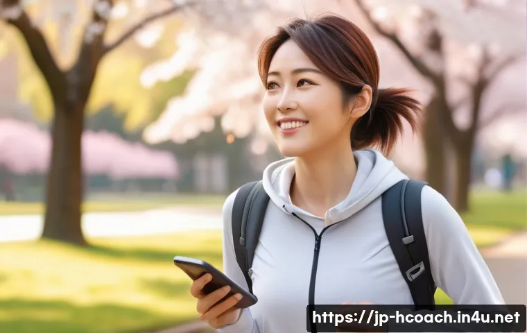 건강코칭과 건강 데이터 분석 - A modern Japanese woman in her 30s dressed in casual, stylish activewear, walking peacefully through...