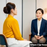 건강코칭 전문가의 커뮤니케이션 팁 - A warm and professional Japanese health coach attentively listening to a middle-aged client in a sof...