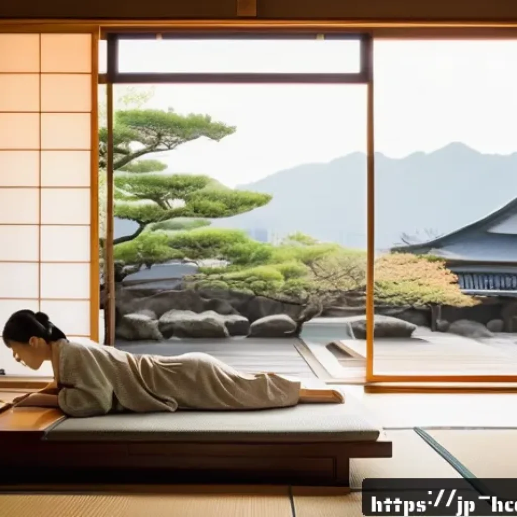 건강코칭과 자기관리 노하우 - A serene Japanese-style bedroom interior in the early morning light, featuring a young Japanese woma...