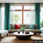 건강코칭을 위한 환경 설정 - A modern Japanese living room bathed in soft natural light through sheer curtains, featuring minimal...