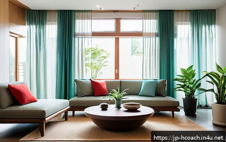 건강코칭을 위한 환경 설정 - A modern Japanese living room bathed in soft natural light through sheer curtains, featuring minimal...